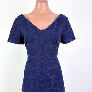 JS Collections Embroidered Corded Lace Short Sleeve Sheath Dress Navy Blue sz 2
